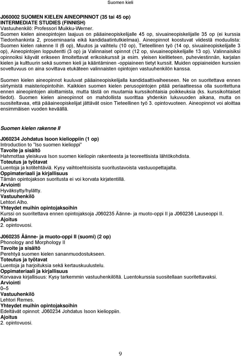 Aineopinnot koostuvat viidestä moduulista: Suomen kielen rakenne II (6 op), Muutos ja vaihtelu (10 op), Tieteellinen työ (14 op, sivuaineopiskelijalle 3 op), Aineopintojen lopputentti (3 op) ja