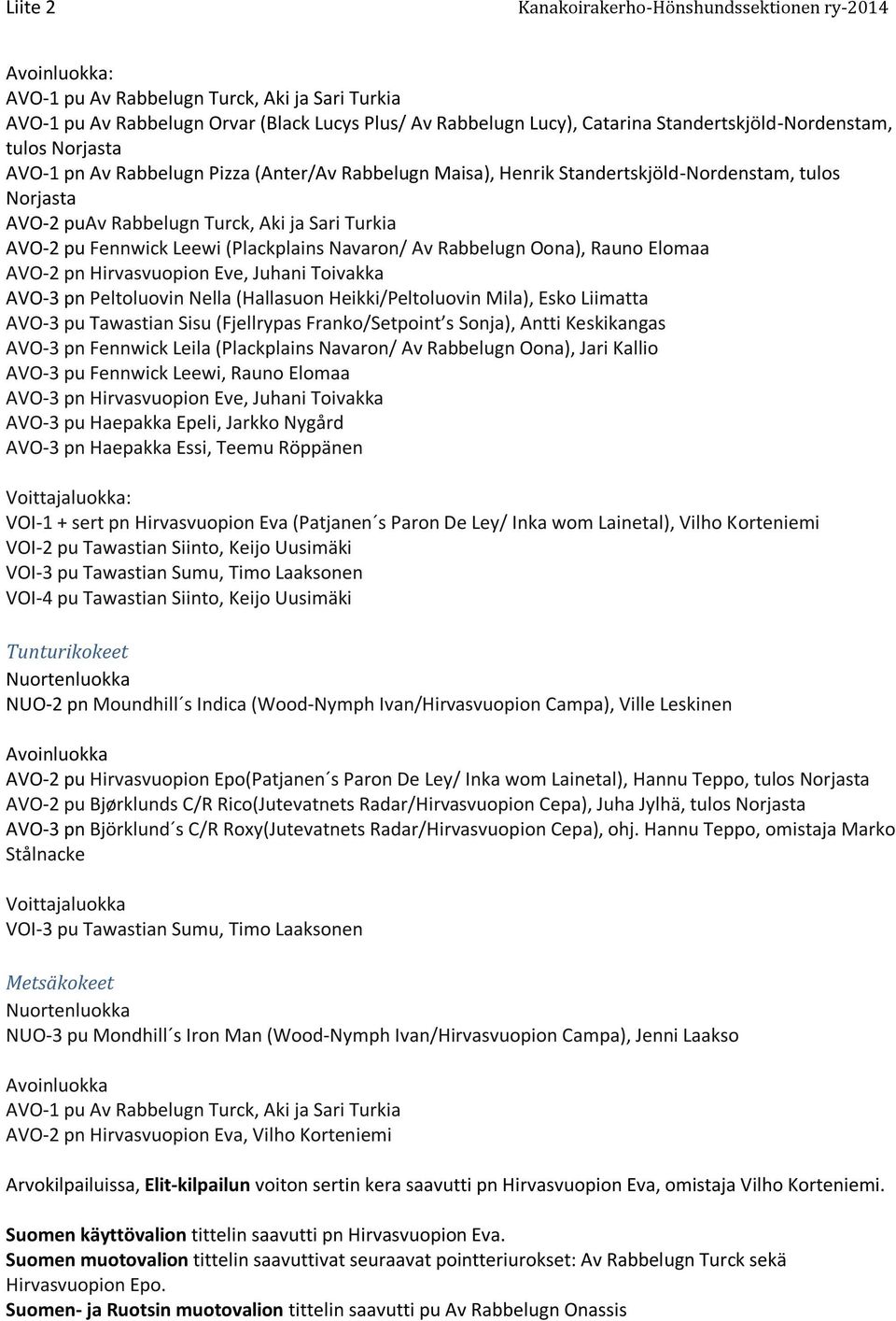 Oona), Rauno Elomaa AVO-2 pn Hirvasvuopion Eve, Juhani Toivakka AVO-3 pn Peltoluovin Nella (Hallasuon Heikki/Peltoluovin Mila), Esko Liimatta AVO-3 pu Tawastian Sisu (Fjellrypas Franko/Setpoint s