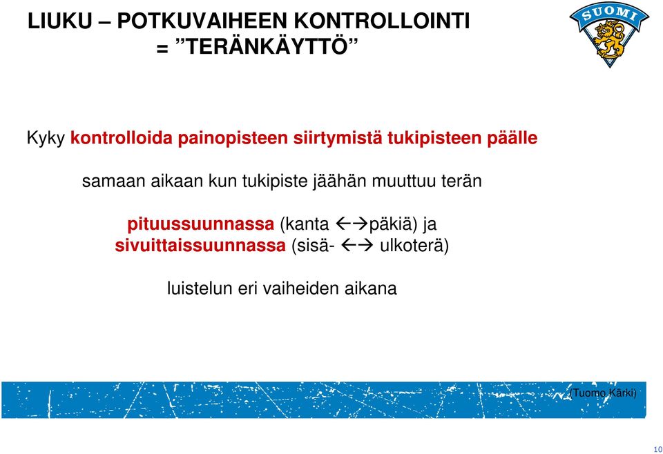 tukipiste jäähän muuttuu terän pituussuunnassa (kanta päkiä) ja