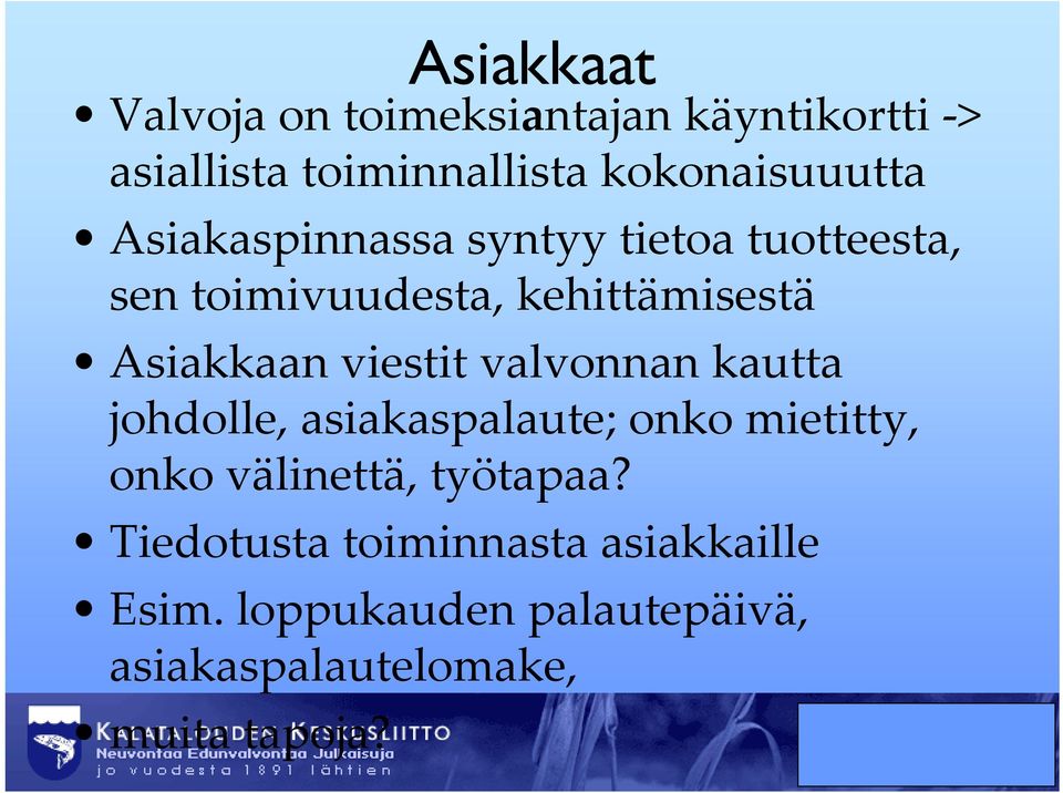 Asiakkaan viestit valvonnan kautta johdolle, asiakaspalaute; onko mietitty, onko välinettä,