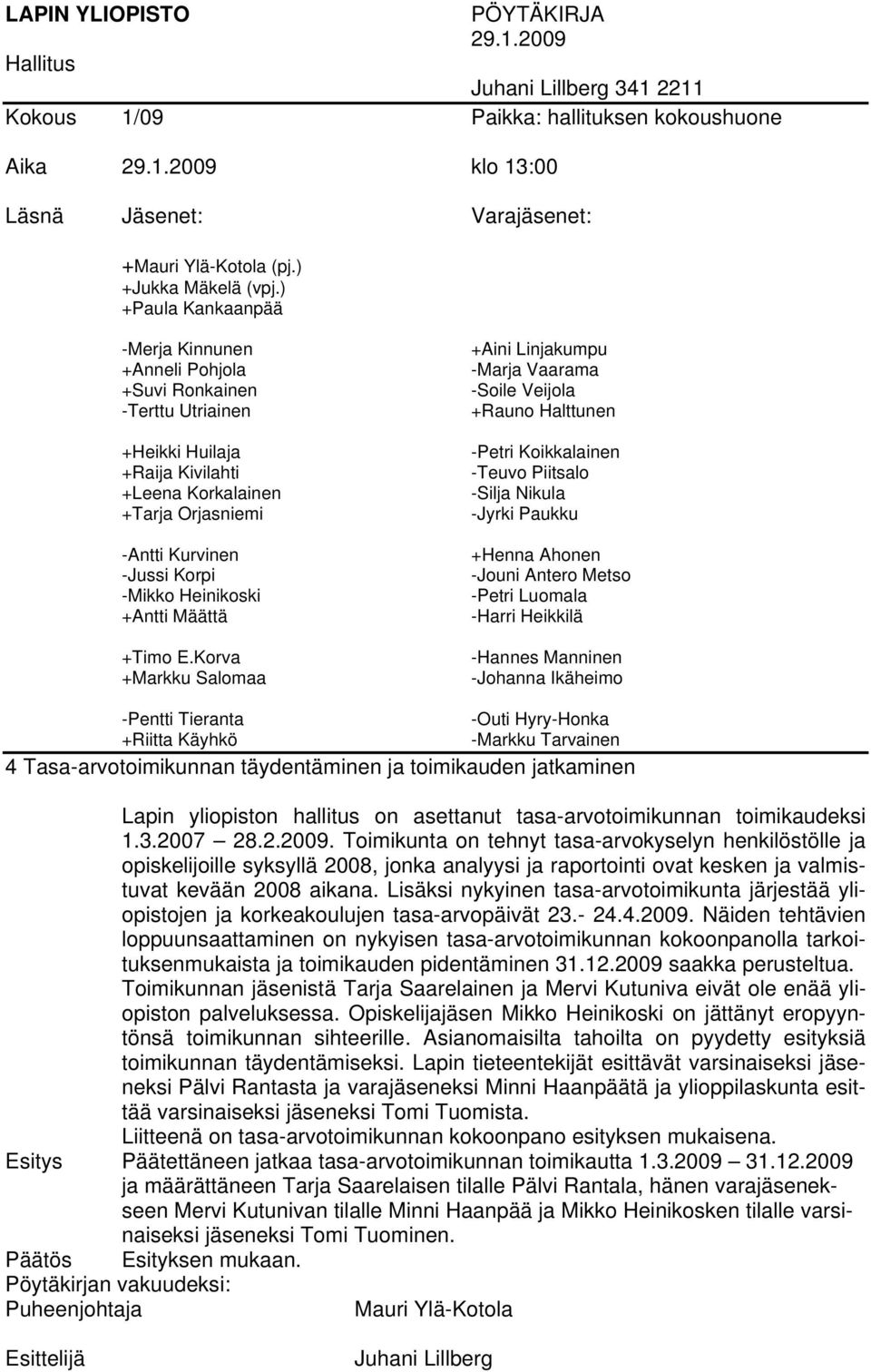 ) +Paula Kankaanpää -Merja Kinnunen +Anneli Pohjola +Suvi Ronkainen -Terttu Utriainen +Heikki Huilaja +Raija Kivilahti +Leena Korkalainen +Tarja Orjasniemi -Antti Kurvinen -Jussi Korpi -Mikko