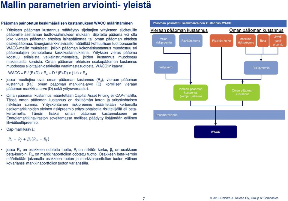 Energiamarkkinavirasto määrittää kohtuullisen tuottoprosentin WACC-mallin mukaisesti, jolloin pääoman kokonaiskustannus muodostuu eri pääomalajien painotettuna keskikustannuksena.