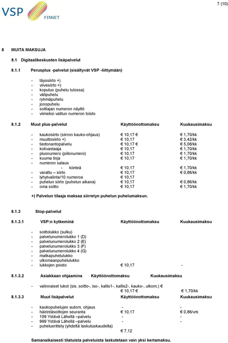 2 Muut plus-palvelut Käyttöönottomaksu Kuukausimaksu - kaukosiirto (siirron kauko-ohjaus) 10,17 1,70/kk - muuttosiirto +) 10,17 3,42/kk - tiedonantopalvelu 10,17 5,08/kk - kotivastaaja 10,17 1,70/kk