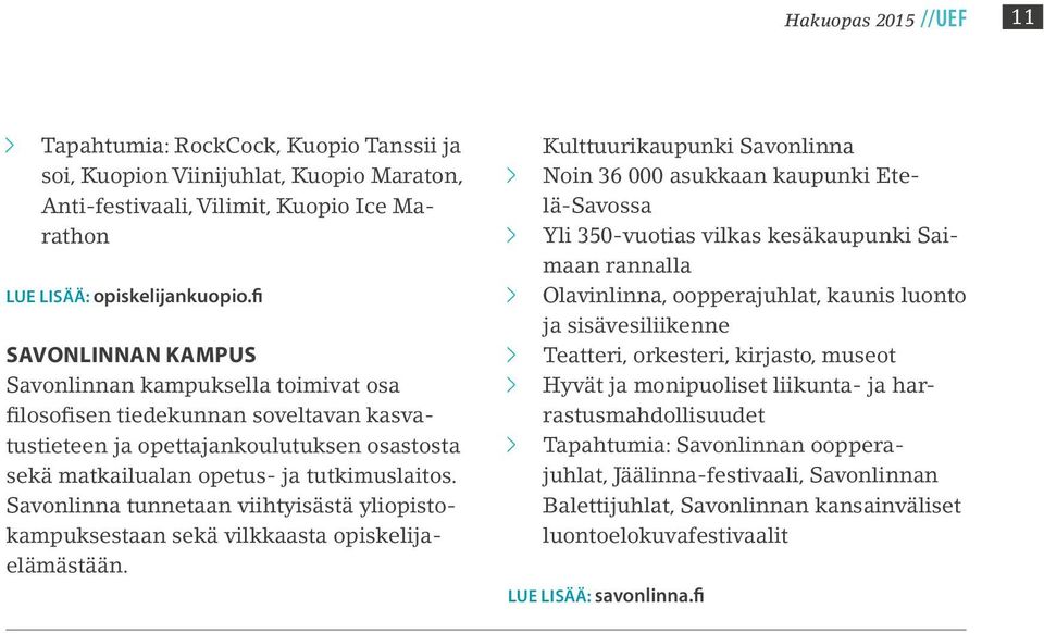 Savonlinna tunnetaan viihtyisästä yliopistokampuksestaan sekä vilkkaasta opiskelijaelämästään.