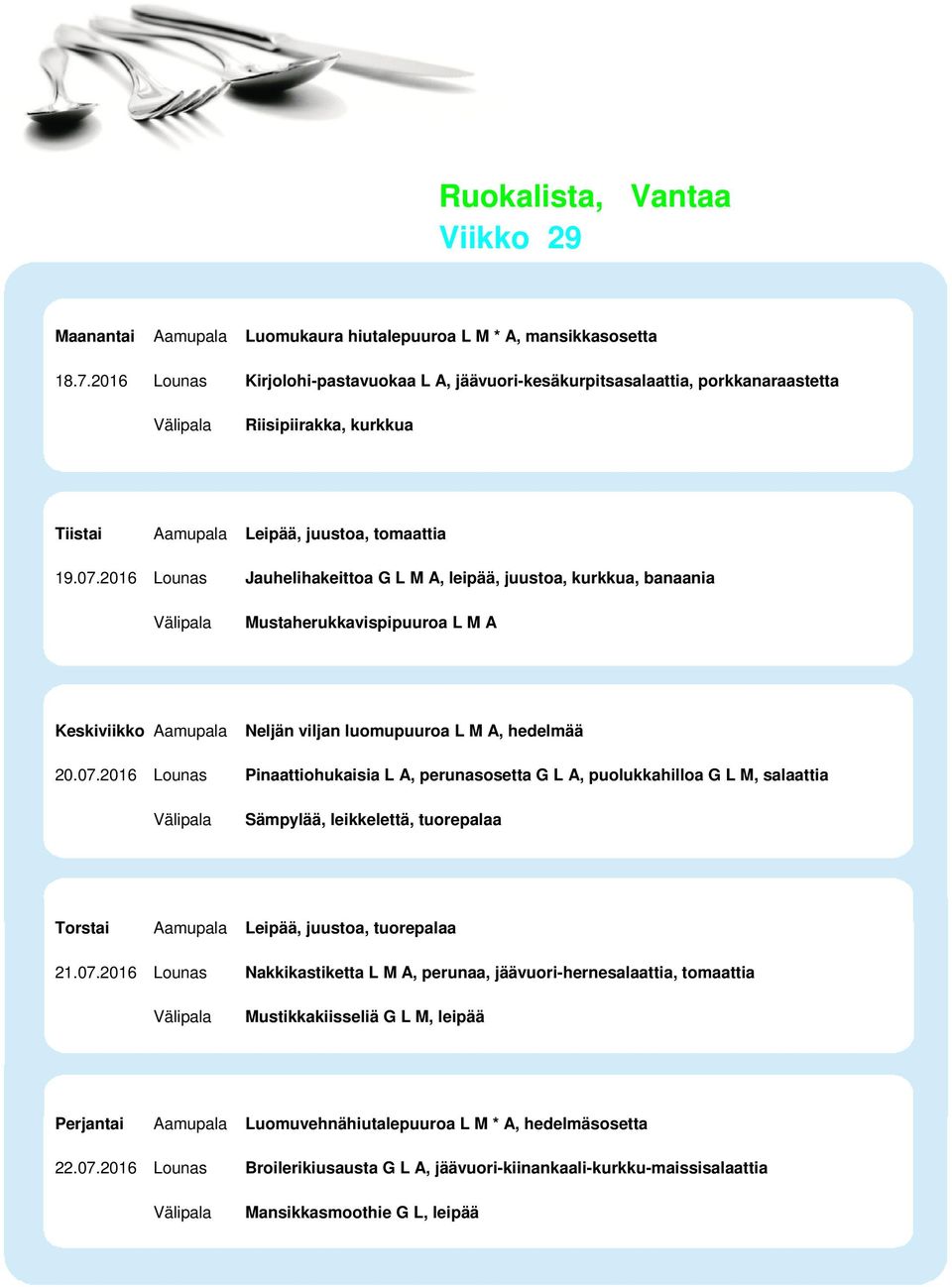 2016 Lounas Jauhelihakeittoa G L M A, leipää, juustoa, kurkkua, banaania Mustaherukkavispipuuroa L M A Neljän viljan luomupuuroa L M A, hedelmää 20.07.