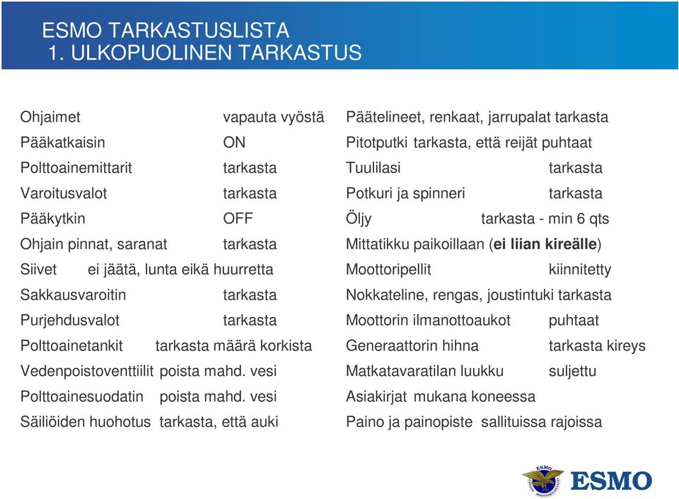 Sakkausvaroitin tarkasta Purjehdusvalot tarkasta Polttoainetankit tarkasta määrä korkista Vedenpoistoventtiilit poista mahd. vesi Polttoainesuodatin poista mahd.