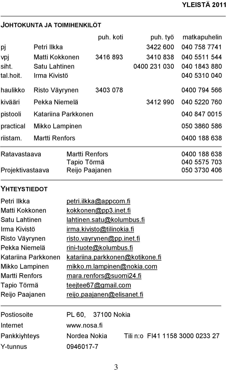 Irma Kivistö 040 5310 040 haulikko Risto Väyrynen 3403 078 0400 794 566 kivääri Pekka Niemelä 3412 990 040 5220 760 pistooli Katariina Parkkonen 040 847 0015 practical Mikko Lampinen 050 3860 586