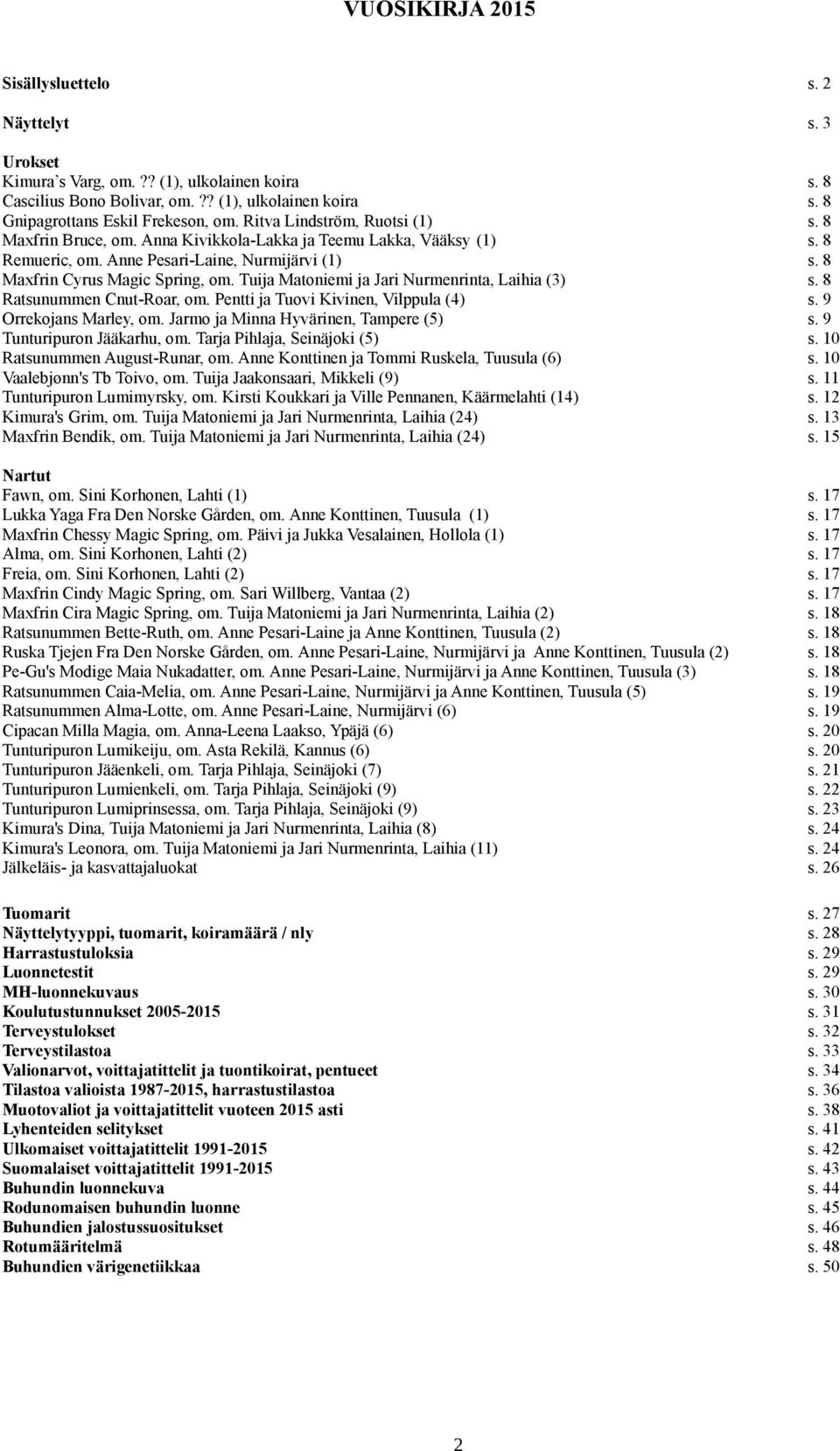 Tuija Matoniemi ja Jari Nurmenrinta, Laihia (3) Ratsunummen Cnut-Roar, om. Pentti ja Tuovi Kivinen, Vilppula (4) Orrekojans Marley, om. Jarmo ja Minna Hyvärinen, Tampere (5) Tunturipuron Jääkarhu, om.