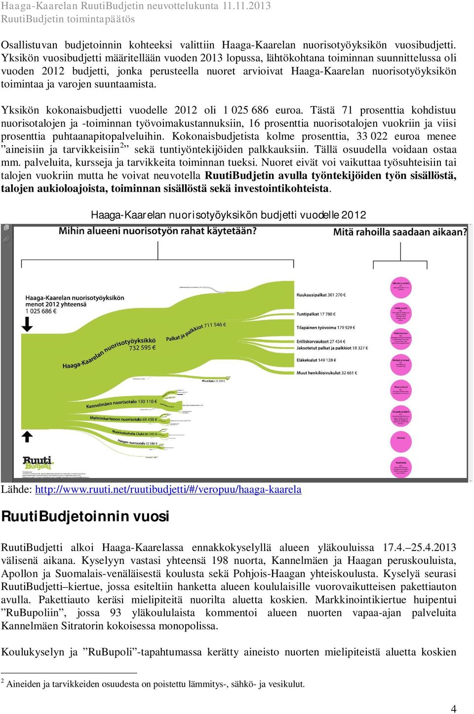 ja varojen suuntaamista. Yksikön kokonaisbudjetti vuodelle 2012 oli 1 025 686 euroa.