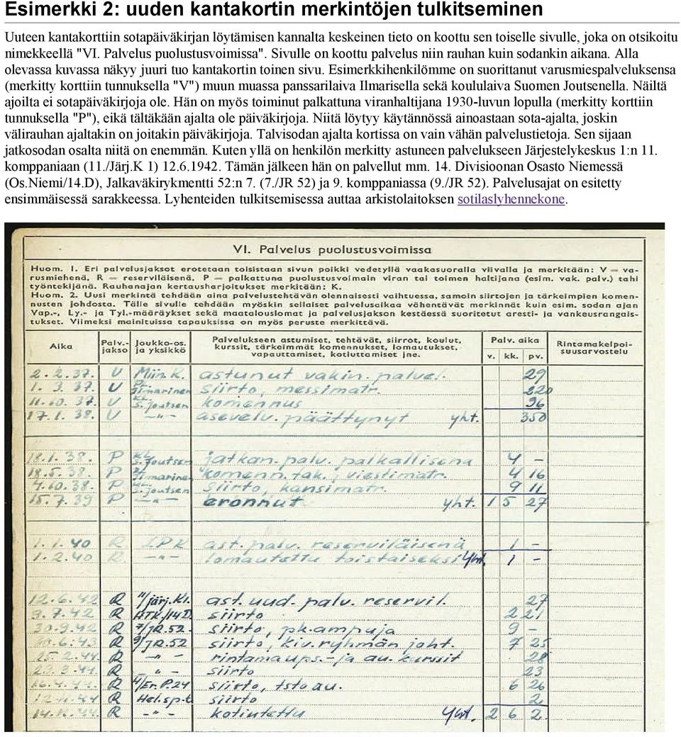 Esimerkkihenkilömme on suorittanut varusmiespalveluksensa (merkitty korttiin tunnuksella "V") muun muassa panssarilaiva Ilmarisella sekä koululaiva Suomen Joutsenella.