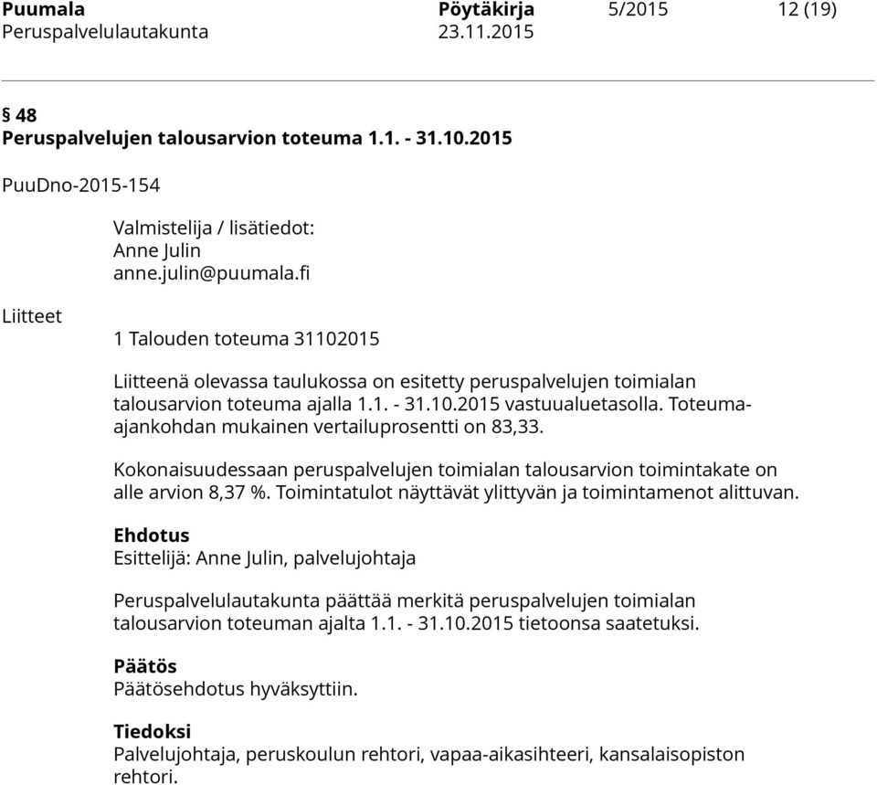 Toteumaajankohdan mukainen vertailuprosentti on 83,33. Kokonaisuudessaan peruspalvelujen toimialan talousarvion toimintakate on alle arvion 8,37 %.