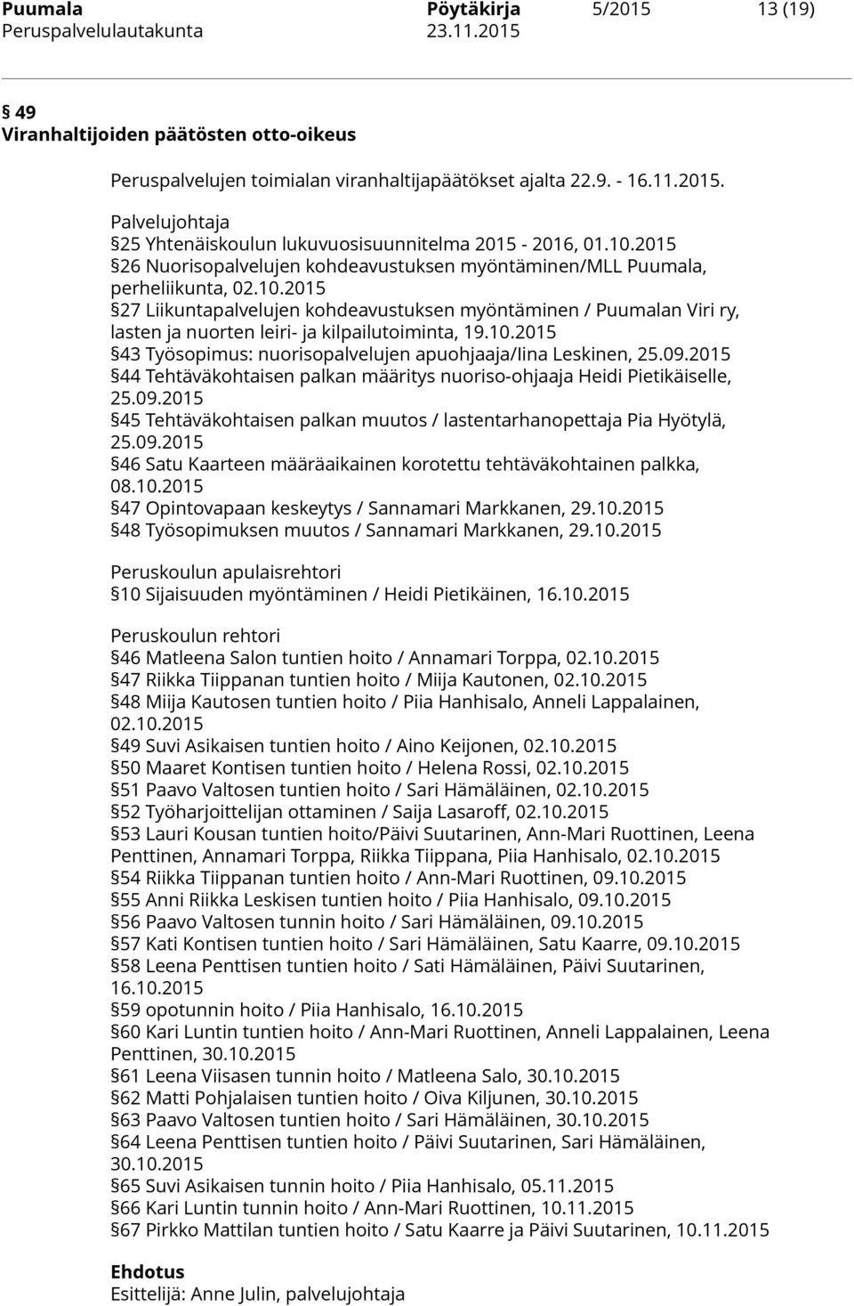 10.2015 43 Työsopimus: nuorisopalvelujen apuohjaaja/iina Leskinen, 25.09.2015 44 Tehtäväkohtaisen palkan määritys nuoriso-ohjaaja Heidi Pietikäiselle, 25.09.2015 45 Tehtäväkohtaisen palkan muutos / lastentarhanopettaja Pia Hyötylä, 25.