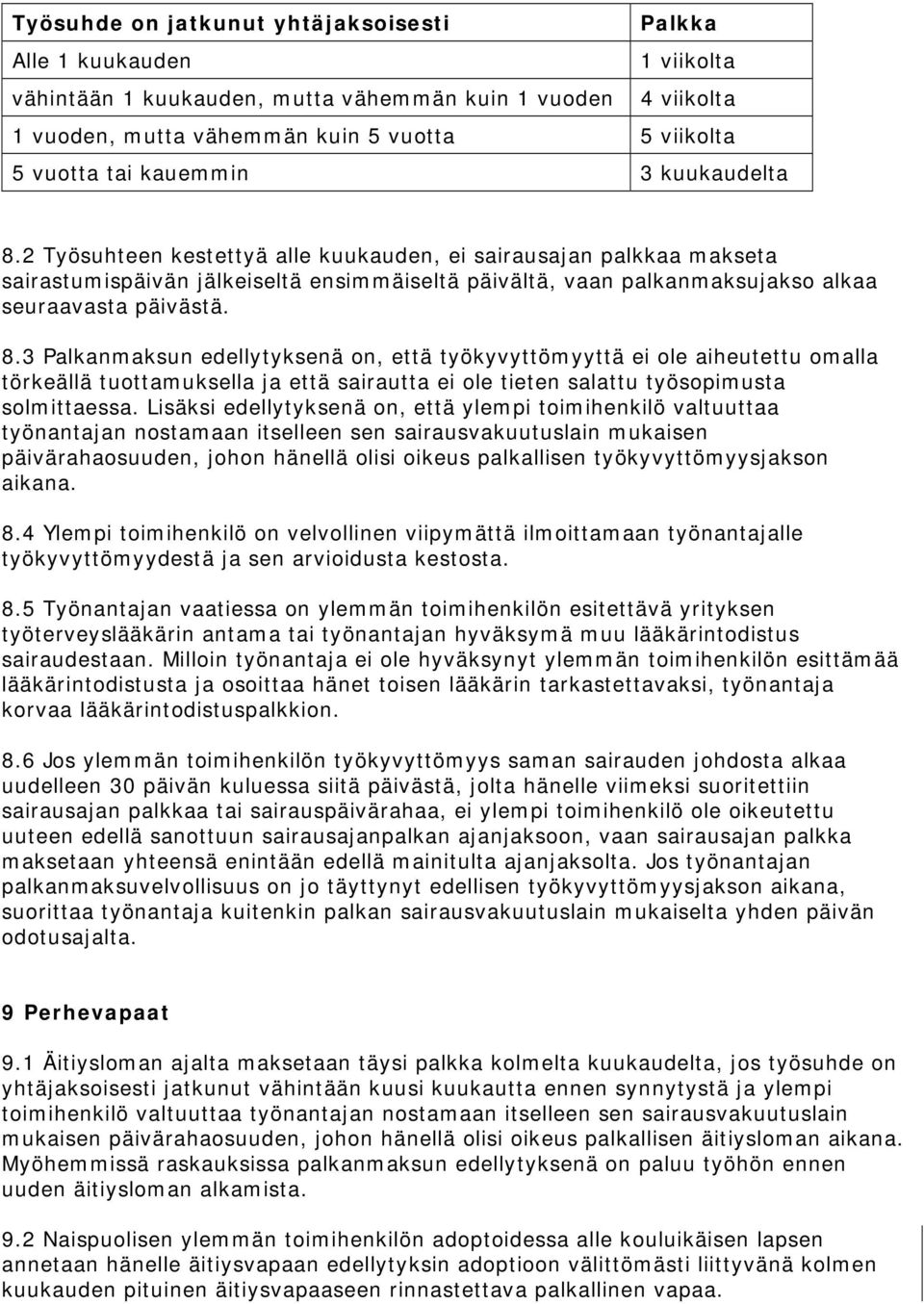 8.3 Palkanmaksun edellytyksenä on, että työkyvyttömyyttä ei ole aiheutettu omalla törkeällä tuottamuksella ja että sairautta ei ole tieten salattu työsopimusta solmittaessa.