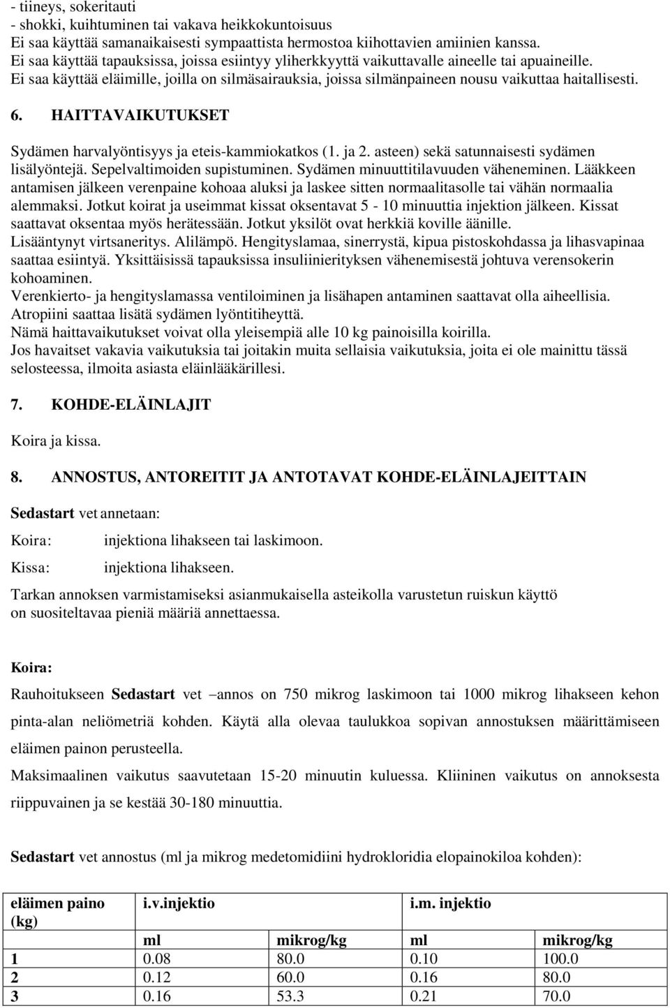 Ei saa käyttää eläimille, joilla on silmäsairauksia, joissa silmänpaineen nousu vaikuttaa haitallisesti. 6. HAITTAVAIKUTUKSET Sydämen harvalyöntisyys ja eteis-kammiokatkos (1. ja 2.