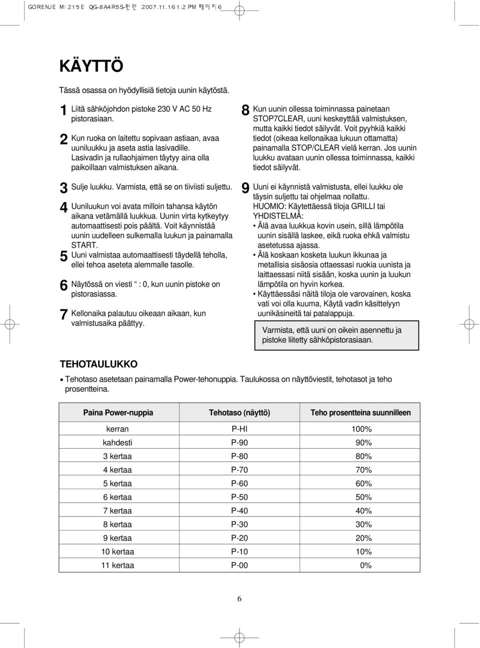 Varmista, että se on tiiviisti suljettu. Uuniluukun voi avata milloin tahansa käytön aikana vetämällä luukkua. Uunin virta kytkeytyy automaattisesti pois päältä.