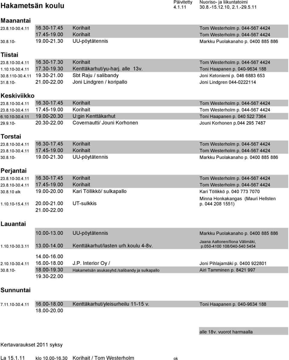 040-9634 188 30.8.110-30.4.11 19.30-21.00 Sbt Raju / salibandy Joni Ketoniemi p. 046 6883 653 31.8.10- Joni Lindgren / koripallo Joni Lindgren 044-0222114 23.8.10-30.4.11 16.30-17.