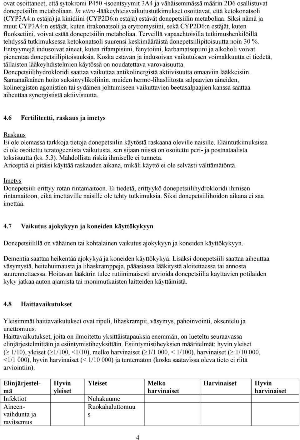 Siksi nämä ja muut CYP3A4:n estäjät, kuten itrakonatsoli ja erytromysiini, sekä CYP2D6:n estäjät, kuten fluoksetiini, voivat estää donepetsiilin metaboliaa.