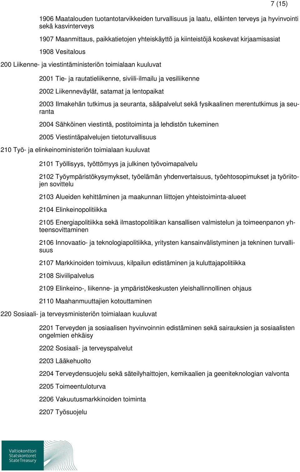 2003 Ilmakehän tutkimus ja seuranta, sääpalvelut sekä fysikaalinen merentutkimus ja seuranta 2004 Sähköinen viestintä, postitoiminta ja lehdistön tukeminen 2005 Viestintäpalvelujen tietoturvallisuus