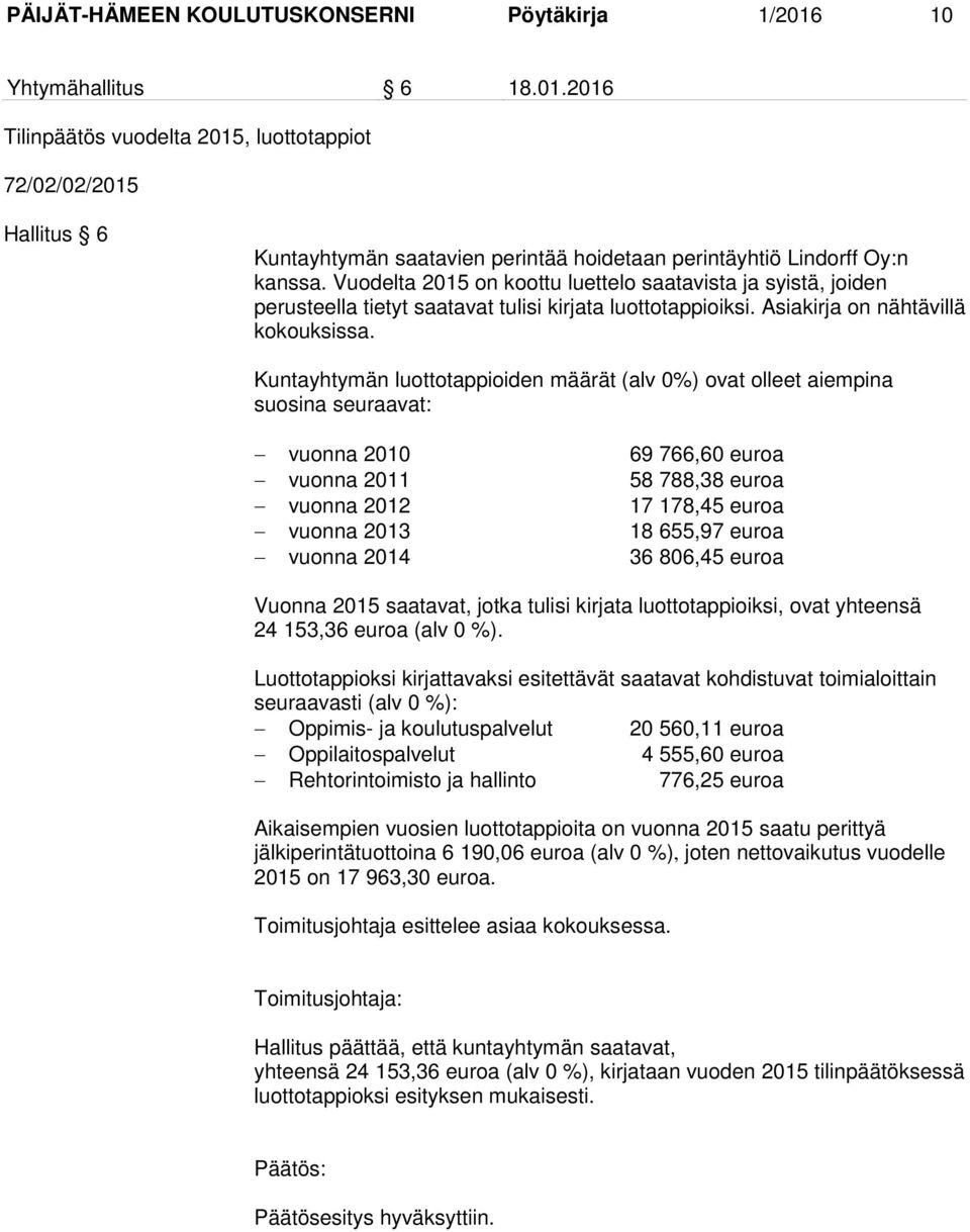 Kuntayhtymän luottotappioiden määrät (alv 0%) ovat olleet aiempina suosina seuraavat: vuonna 2010 69 766,60 euroa vuonna 2011 58 788,38 euroa vuonna 2012 17 178,45 euroa vuonna 2013 18 655,97 euroa