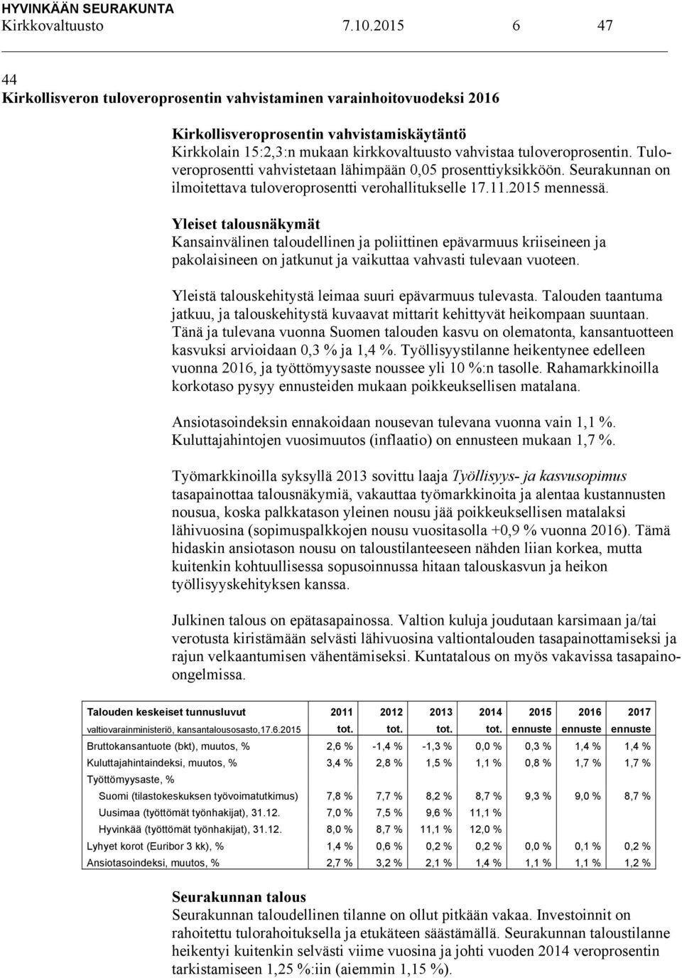 Tuloveroprosentti vahvistetaan lähimpään 0,05 prosenttiyksikköön. Seurakunnan on ilmoitettava tuloveroprosentti verohallitukselle 17.11.2015 mennessä.