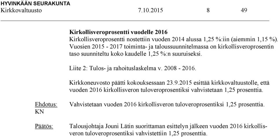 Kirkkoneuvosto päätti kokouksessaan 23.9.2015 esittää kirkkovaltuustolle, että vuoden 2016 kirkollisveron tuloveroprosentiksi vahvistetaan 1,25 prosenttia.