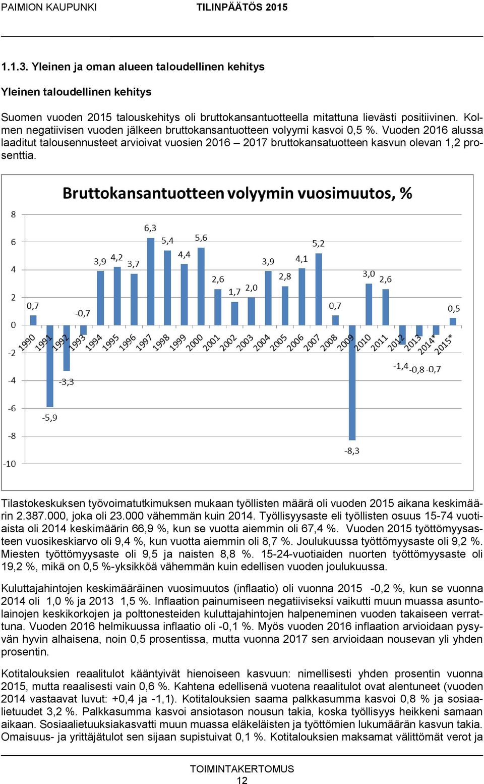 Tilastokeskuksen työvoimatutkimuksen mukaan työllisten määrä oli vuoden 2015 aikana keskimäärin 2.387.000, joka oli 23.000 vähemmän kuin 2014.