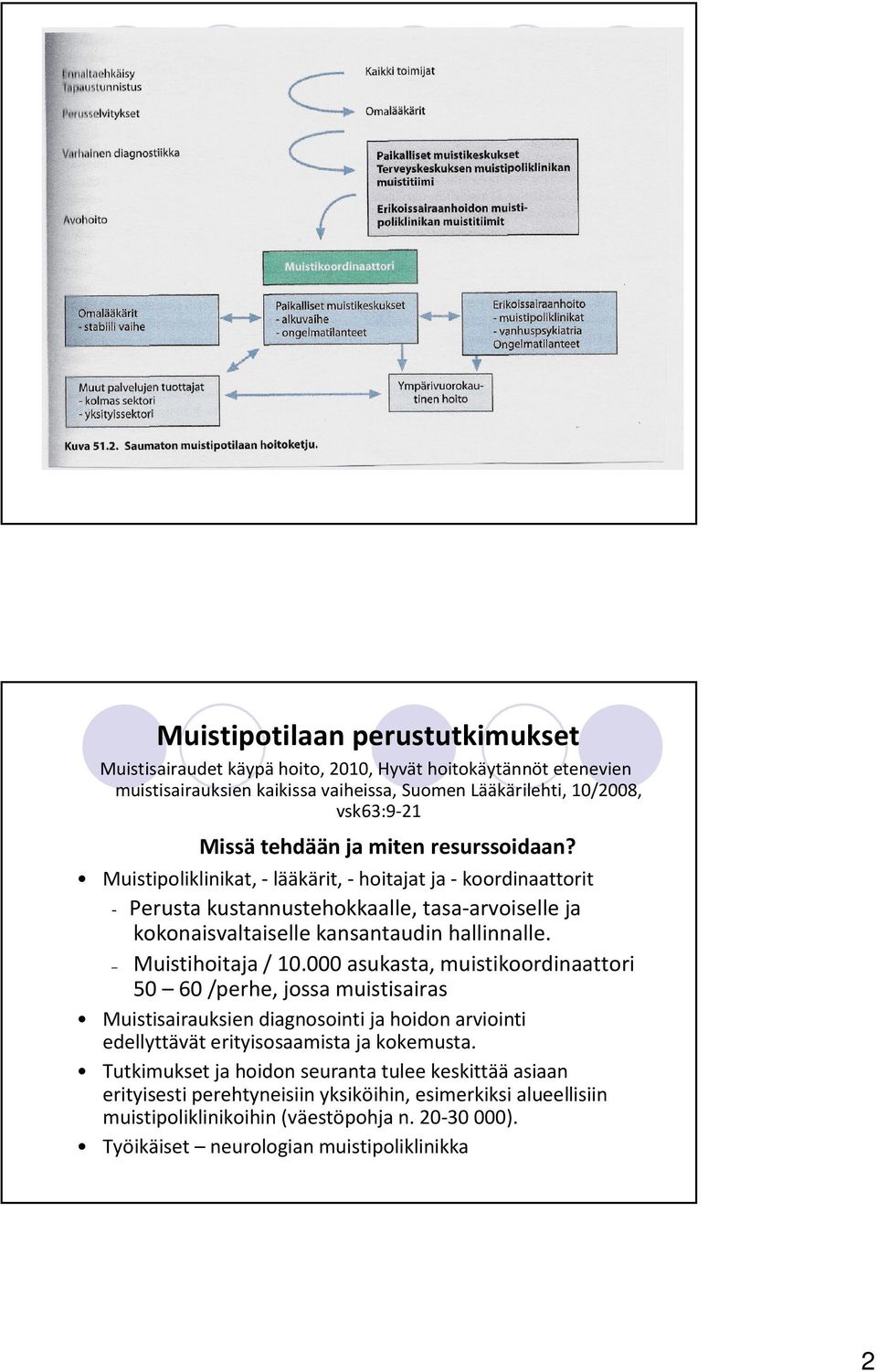 Muistihoitaja / 10.000 asukasta, muistikoordinaattori 50 60 /perhe, jossa muistisairas Muistisairauksien diagnosointi ja hoidon arviointi edellyttäväterityisosaamistaja kokemusta.