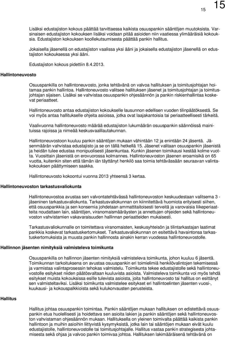 Jokaisella jäsenellä on edustajiston vaalissa yksi ääni ja jokaisella edustajiston jäsenellä on edustajiston kokouksessa yksi ääni. Edustajiston kokous pidettiin 8.4.2013.