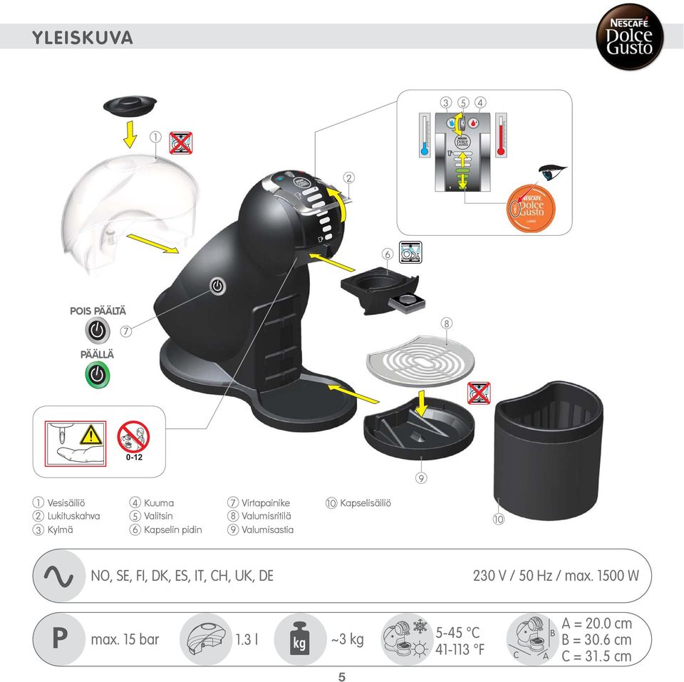 9 Valumisastia 0 Kapselisäiliö 0 NO, SE, FI, DK, ES, IT, CH, UK, DE 30 V / 50