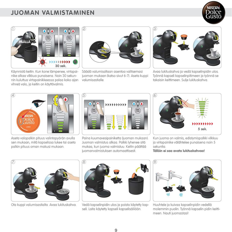 Aseta kuppi valumisastialle. Avaa lukituskahva ja vedä kapselinpidin ulos. Työnnä kapseli kapselinpitimeen ja työnnä se takaisin keittimeen. Sulje lukituskahva. 4 5 6 PÄÄLLÄ 30 sek. 5 sek.