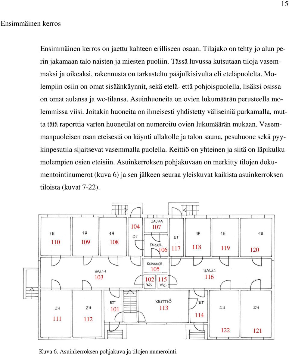 Molempiin osiin on omat sisäänkäynnit, sekä etelä- että pohjoispuolella, lisäksi osissa on omat aulansa ja wc-tilansa. Asuinhuoneita on ovien lukumäärän perusteella molemmissa viisi.