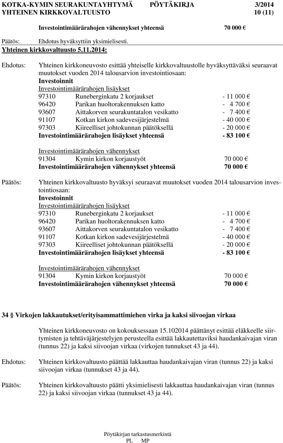 2014: Yhteinen kirkkoneuvosto esittää yhteiselle kirkkovaltuustolle hyväksyttäväksi seuraavat muutokset vuoden 2014 talousarvion investointiosaan: Investoinnit Investointimäärärahojen lisäykset 97310