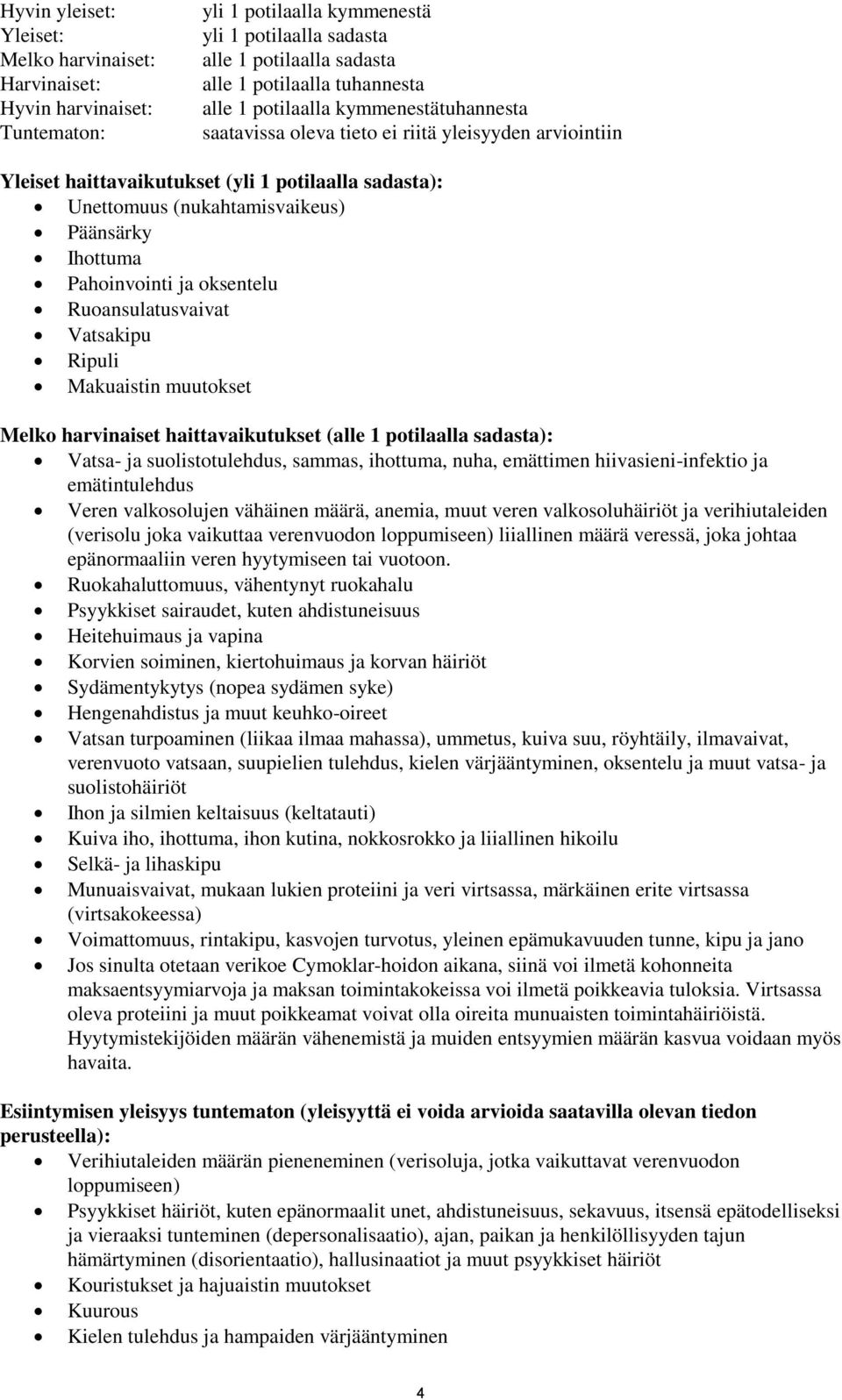 Pahoinvointi ja oksentelu Ruoansulatusvaivat Vatsakipu Ripuli Makuaistin muutokset Melko harvinaiset haittavaikutukset (alle 1 potilaalla sadasta): Vatsa- ja suolistotulehdus, sammas, ihottuma, nuha,