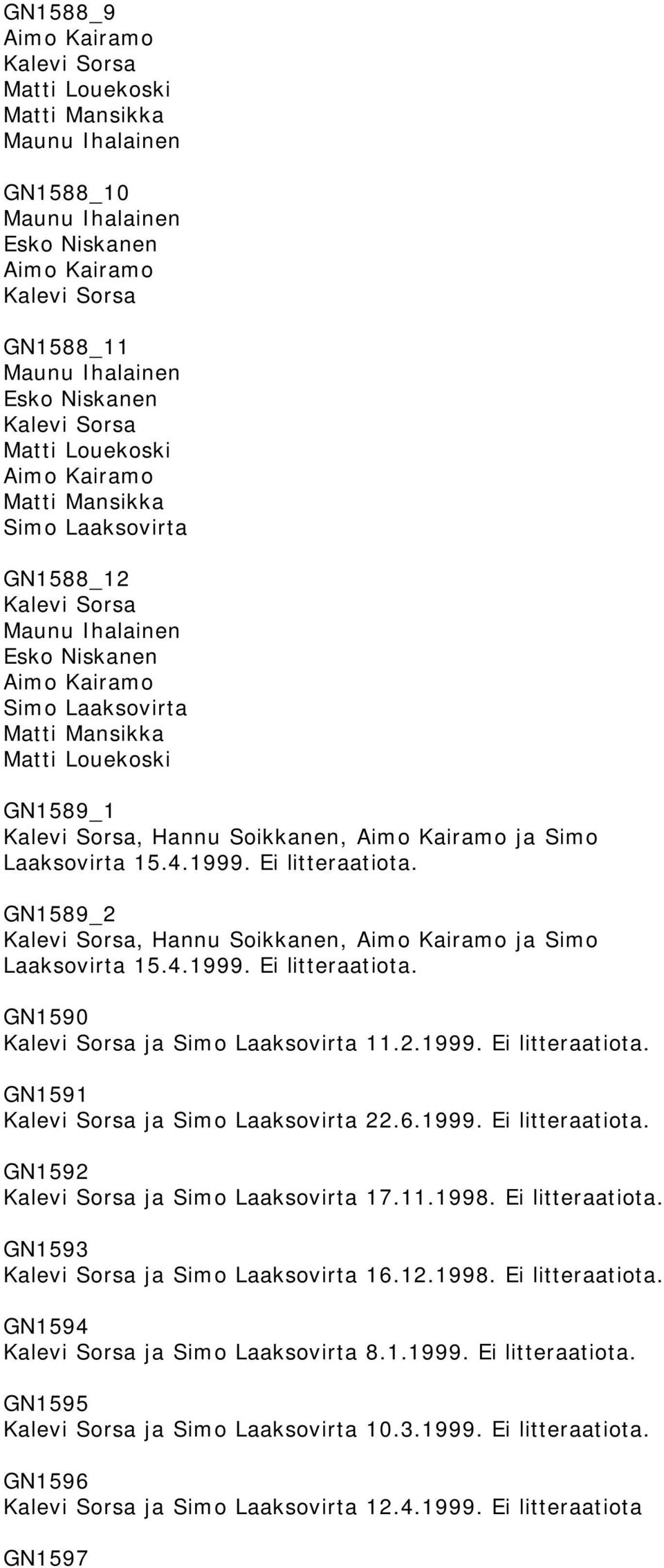 6.1999. Ei litteraatiota. GN1592 ja 17.11.1998. Ei litteraatiota. GN1593 ja 16.12.1998. Ei litteraatiota. GN1594 ja 8.