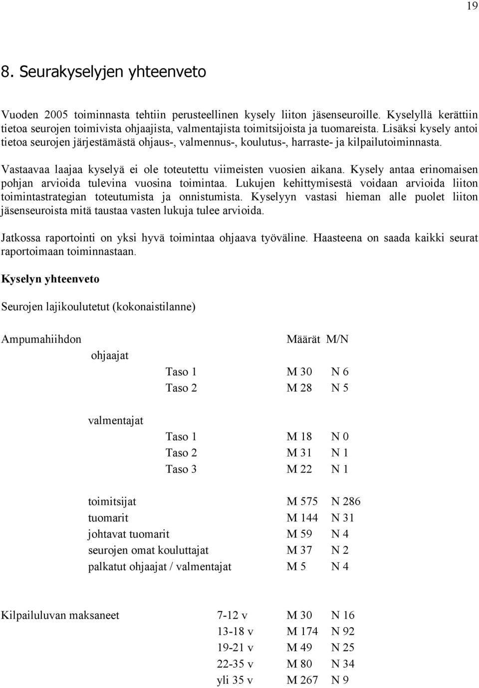 Lisäksi kysely antoi tietoa seurojen järjestämästä ohjaus-, valmennus-, koulutus-, harraste- ja kilpailutoiminnasta. Vastaavaa laajaa kyselyä ei ole toteutettu viimeisten vuosien aikana.