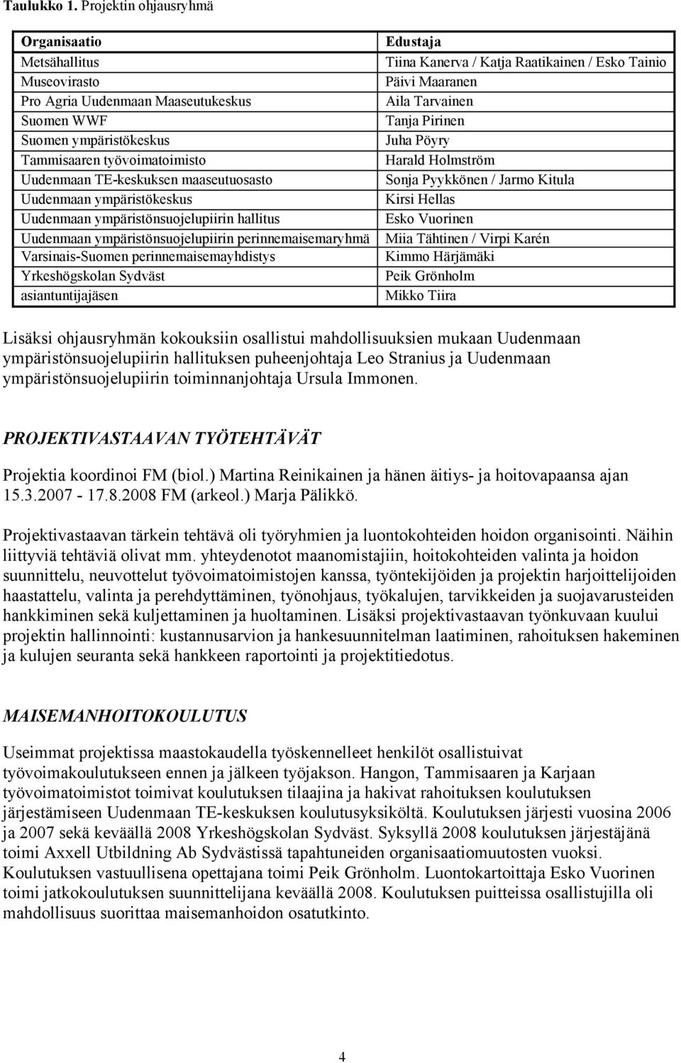 Tanja Pirinen Suomen ympäristökeskus Juha Pöyry Tammisaaren työvoimatoimisto Harald Holmström Uudenmaan TE-keskuksen maaseutuosasto Sonja Pyykkönen / Jarmo Kitula Uudenmaan ympäristökeskus Kirsi