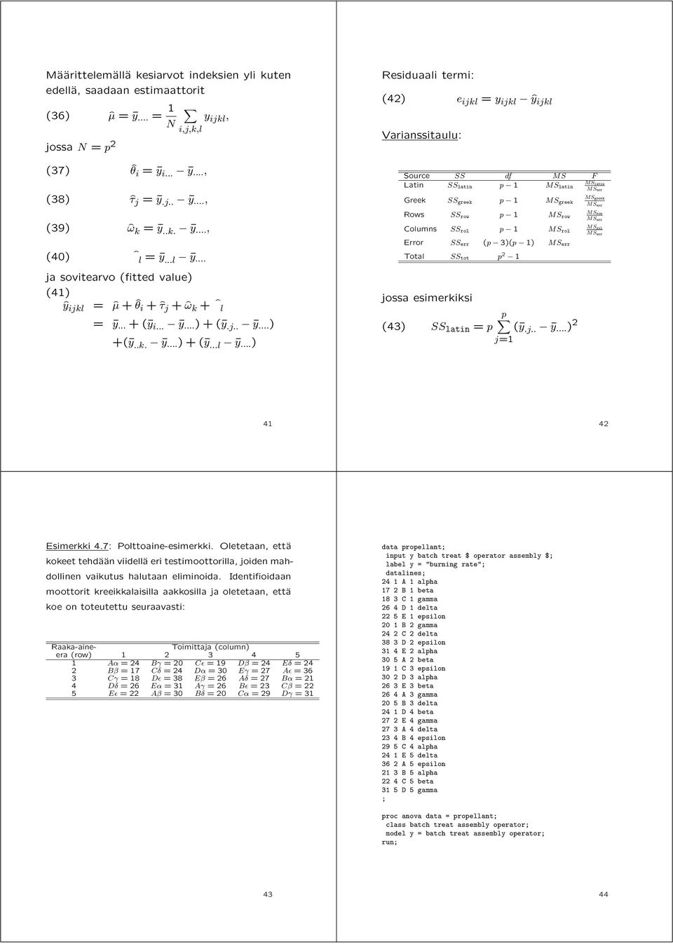 .. ja sovitearvo (fitted value) (41) ˆy ijkl = ˆμ + ˆθ i +ˆτ j +ˆω k + ˆl = y... +( y i... y... )+( y.