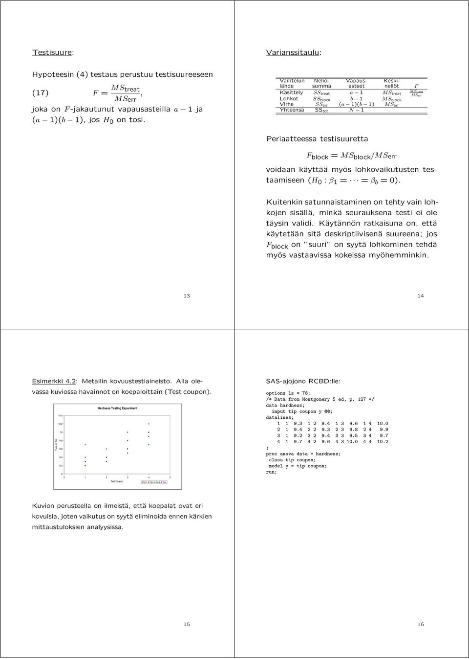 testisuuretta F block = MS block /M S err voidaan käyttää myös lohkovaikutusten testaamiseen (H 0 : β 1 = = β b =0).