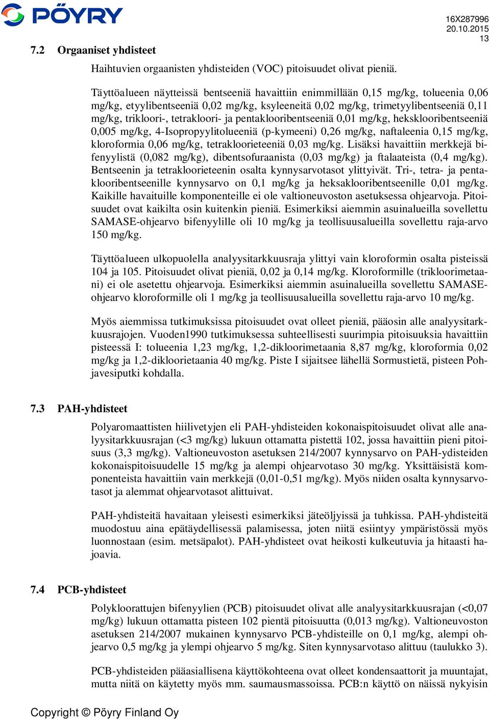 tetrakloori- ja pentaklooribentseeniä 0,01 mg/kg, heksklooribentseeniä 0,005 mg/kg, 4-Isopropyylitolueeniä (p-kymeeni) 0,26 mg/kg, naftaleenia 0,15 mg/kg, kloroformia 0,06 mg/kg, tetrakloorieteeniä