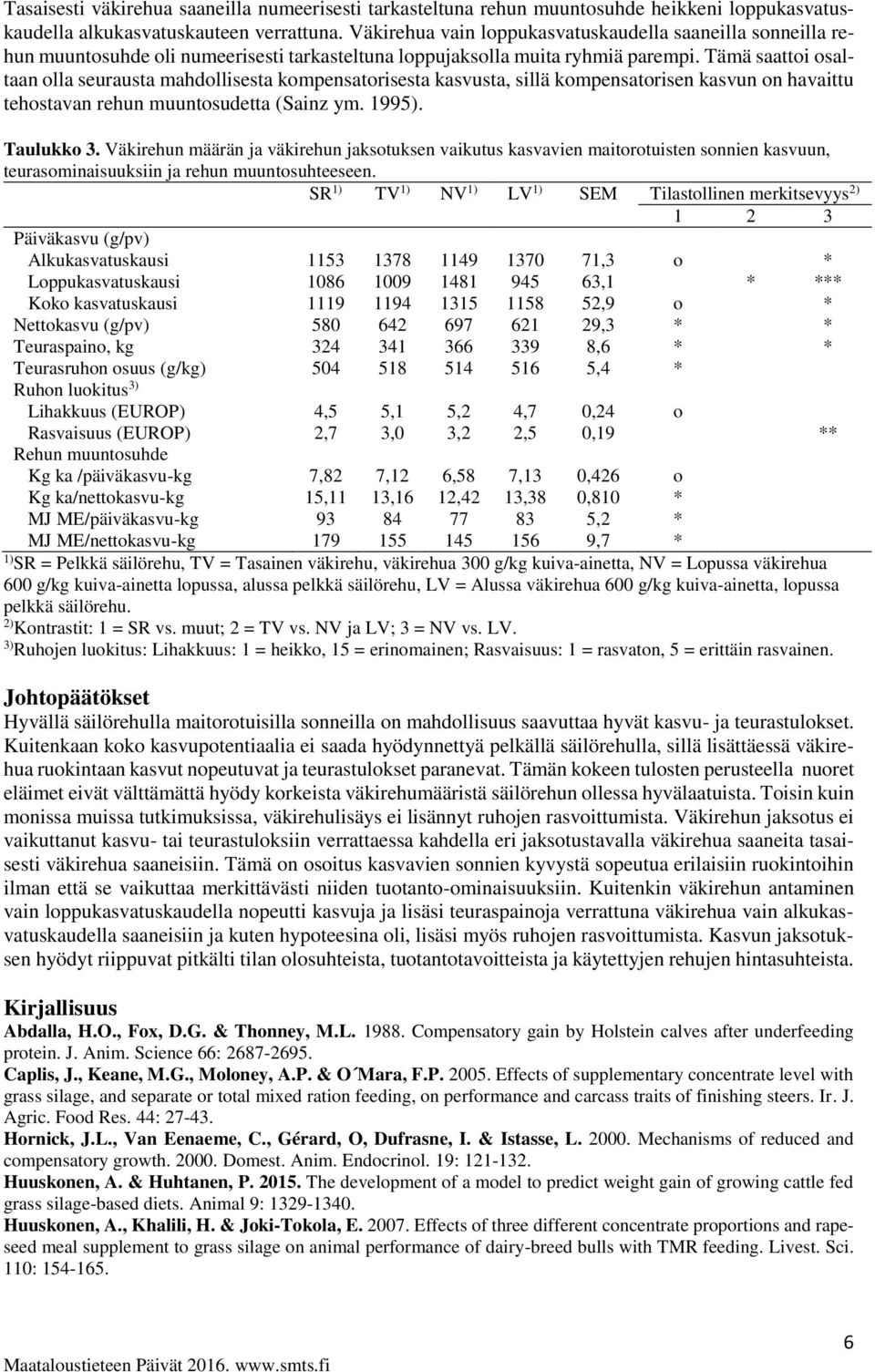 Tämä saattoi osaltaan olla seurausta mahdollisesta kompensatorisesta kasvusta, sillä kompensatorisen kasvun on havaittu tehostavan rehun muuntosudetta (Sainz ym. 1995). Taulukko 3.