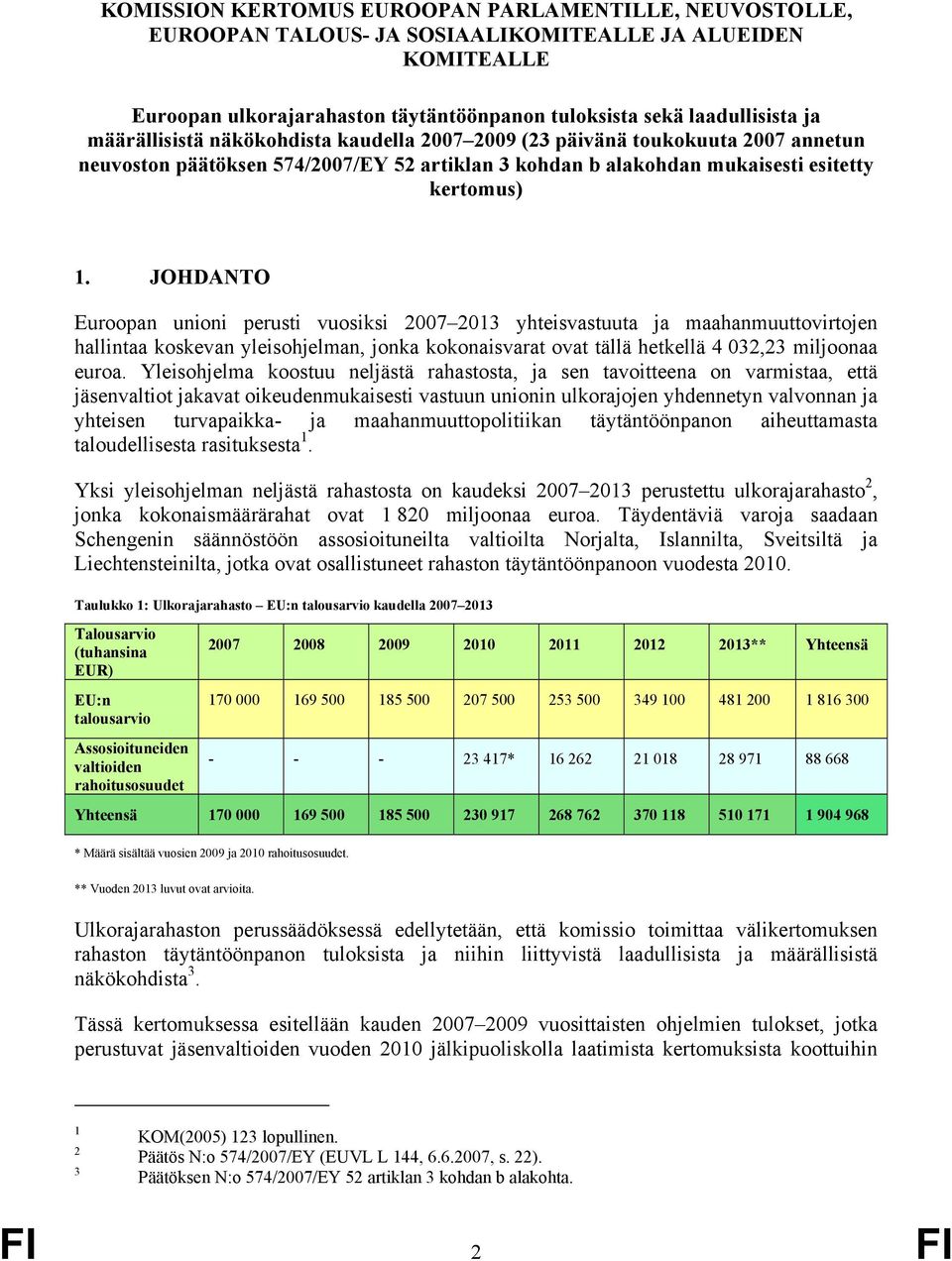 JOHDANTO Euroopan unioni perusti vuosiksi 2007 2013 yhteisvastuuta ja maahanmuuttovirtojen hallintaa koskevan yleisohjelman, jonka kokonaisvarat ovat tällä hetkellä 4 032,23 miljoonaa euroa.