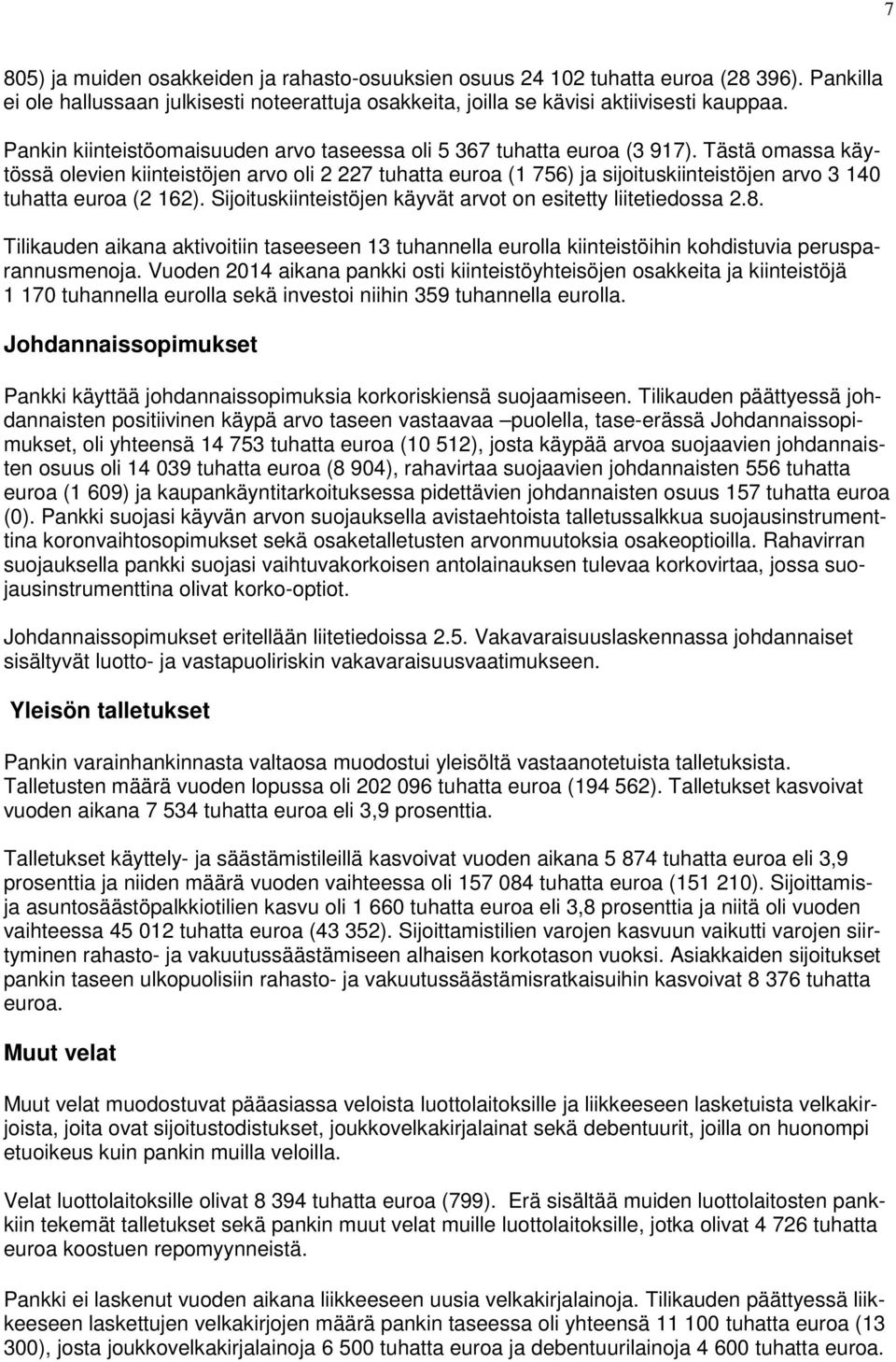 Tästä omassa käytössä olevien kiinteistöjen arvo oli 2 227 tuhatta euroa (1 756) ja sijoituskiinteistöjen arvo 3 140 tuhatta euroa (2 162).