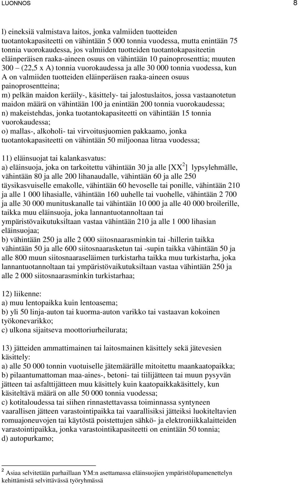 eläinperäisen raaka-aineen osuus painoprosentteina; m) pelkän maidon keräily-, käsittely- tai jalostuslaitos, jossa vastaanotetun maidon määrä on vähintään 100 ja enintään 200 tonnia vuorokaudessa;