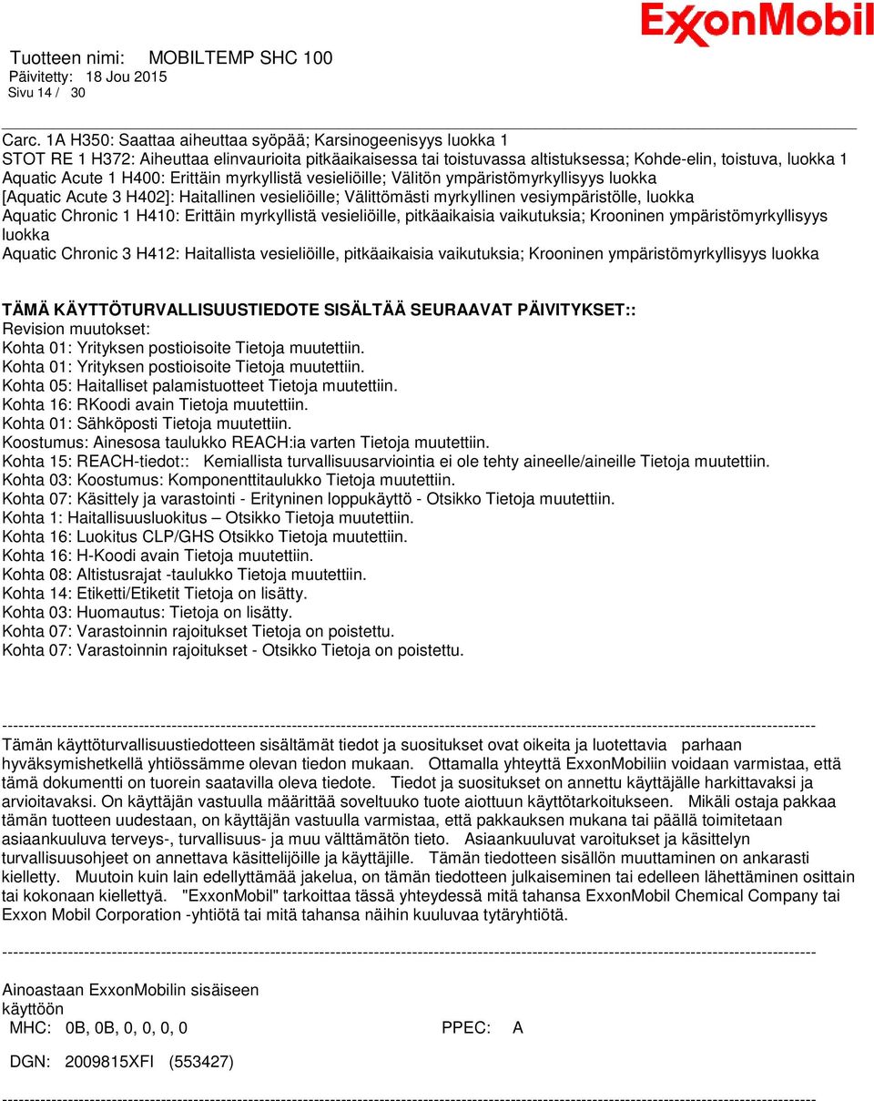 H400: Erittäin myrkyllistä vesieliöille; Välitön ympäristömyrkyllisyys luokka [Aquatic Acute 3 H402]: Haitallinen vesieliöille; Välittömästi myrkyllinen vesiympäristölle, luokka Aquatic Chronic 1