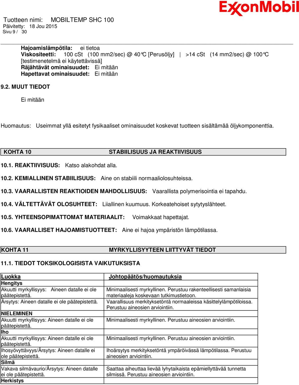 KOHTA 10 STABIILISUUS JA REAKTIIVISUUS 10.1. REAKTIIVISUUS: Katso alakohdat alla. 10.2. KEMIALLINEN STABIILISUUS: Aine on stabiili normaaliolosuhteissa. 10.3.