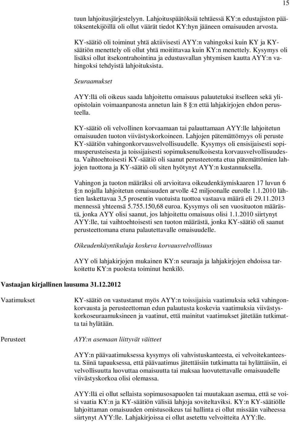 Kysymys oli lisäksi ollut itsekontrahointina ja edustusvallan yhtymisen kautta AYY:n vahingoksi tehdyistä lahjoituksista. Seuraamukset Vastaajan kirjallinen lausuma 31.12.