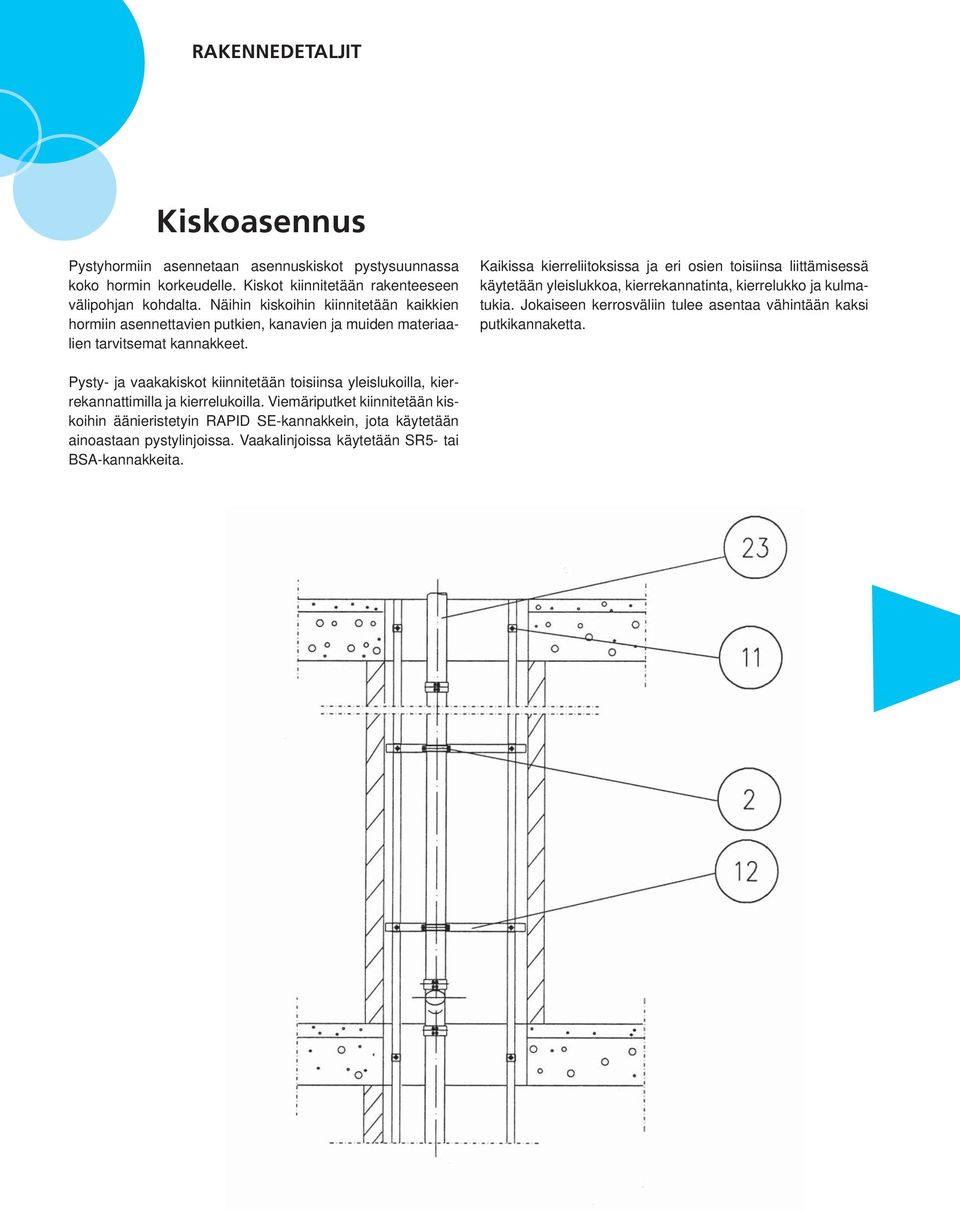 Kaikissa kierreliitoksissa ja eri osien toisiinsa liittämisessä käytetään yleislukkoa, kierrekannatinta, kierrelukko ja kulmatukia.