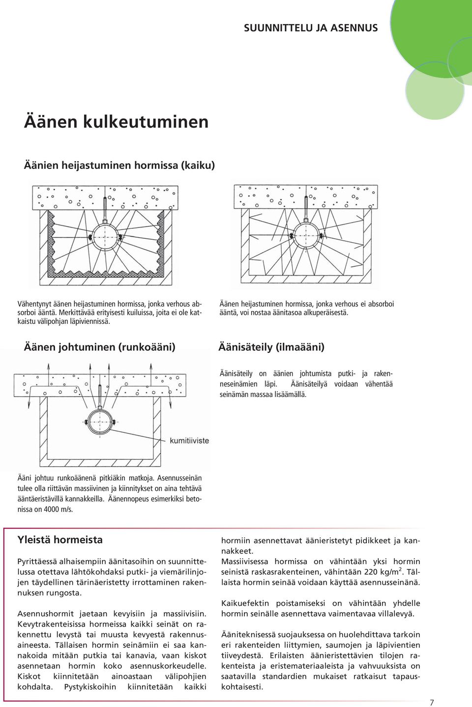 Äänen johtuminen (runkoääni) Äänisäteily (ilmaääni) Äänisäteily on äänien johtumista putki- ja rakenneseinämien läpi. Äänisäteilyä voidaan vähentää seinämän massaa lisäämällä.