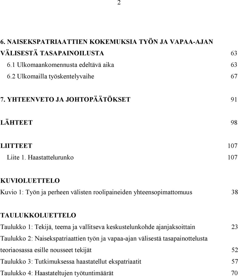 Haastattelurunko 107 KUVIOLUETTELO Kuvio 1: Työn ja perheen välisten roolipaineiden yhteensopimattomuus 38 TAULUKKOLUETTELO Taulukko 1: Tekijä, teema ja