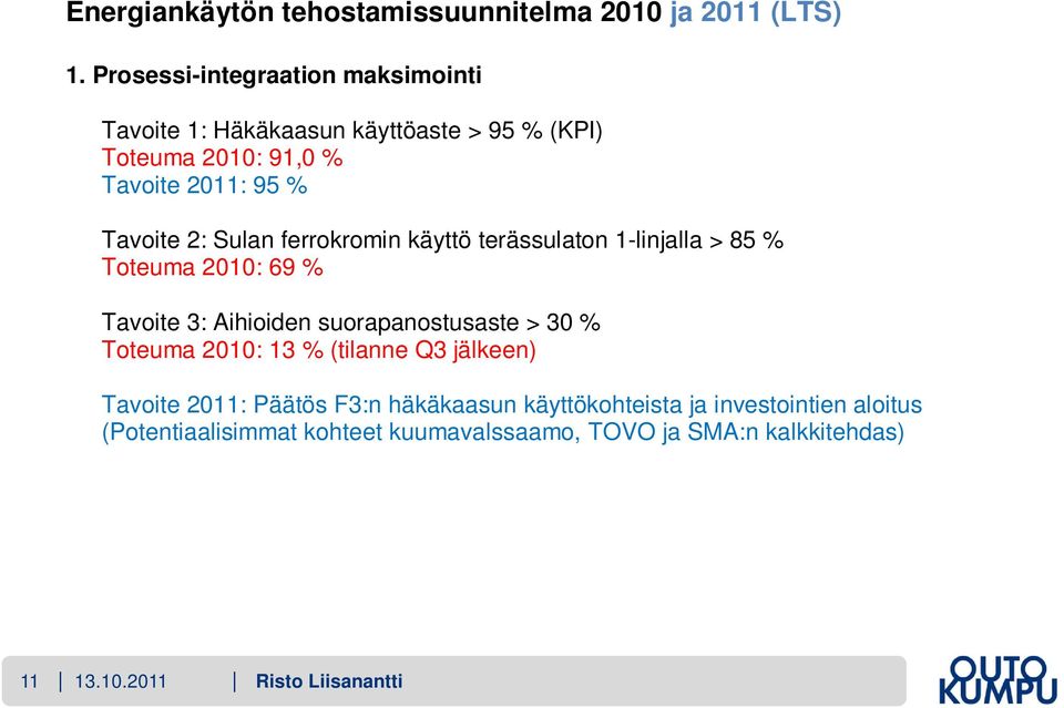 Tavoite 2: Sulan ferrokromin käyttö terässulaton 1-linjalla > 85 % Toteuma 2010: 69 % Tavoite 3: Aihioiden suorapanostusaste